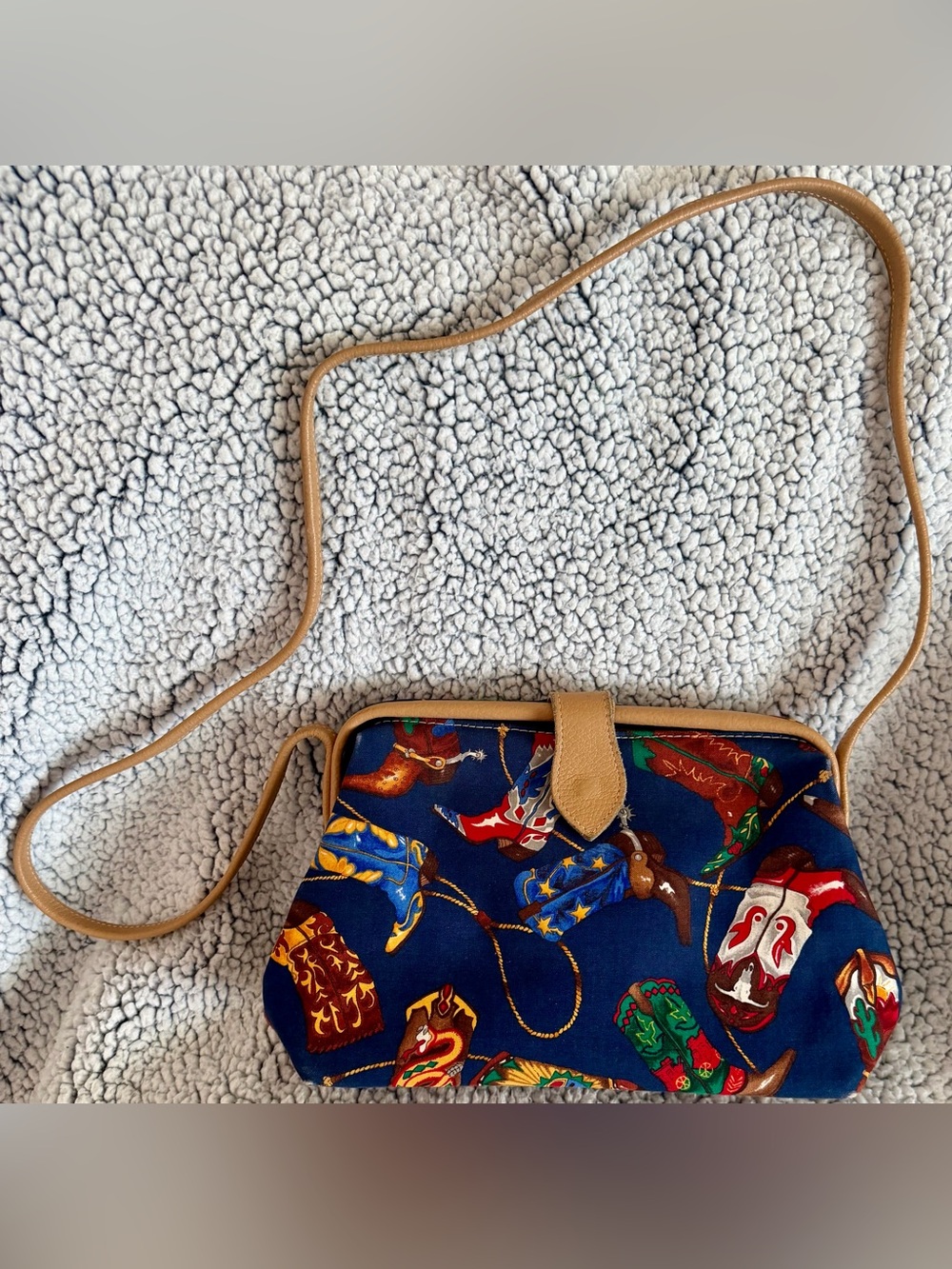 T. Cappelli Navy Crossbody Bag with Multicolor Western Boot Print and Tan Trim